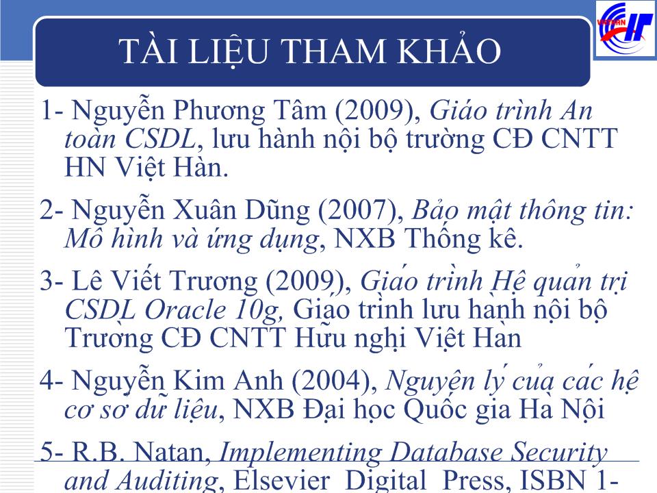 Bài giảng An toàn cơ sở dữ liệu - Nguyễn Phương Tâm trang 3