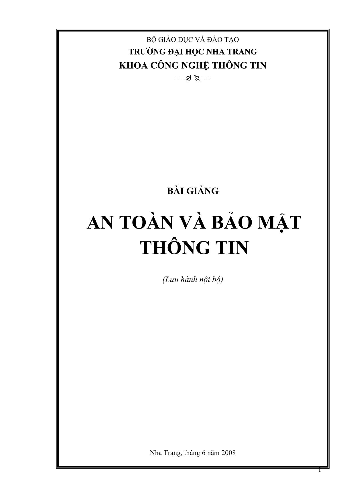 Bài giảng An toàn và bảo mật thông tin trang 1