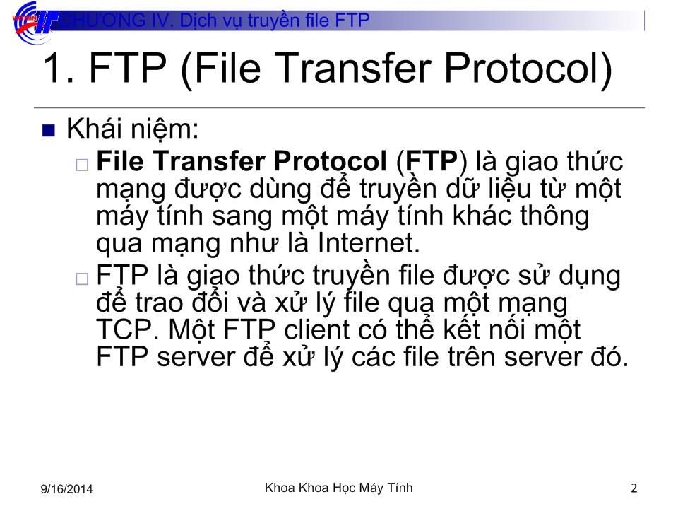 Bài giảng Internet và dịch vụ - Chương 4: Dịch vụ truyền file FTP trang 2