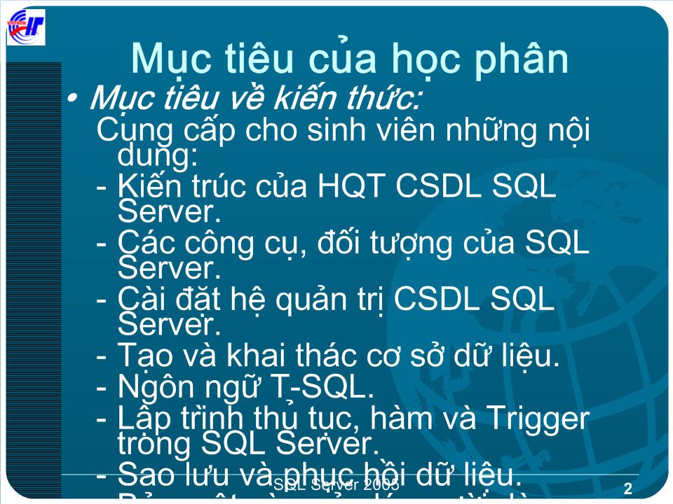 Bài giảng Hệ quản trị cơ sở dữ liệu SQL Server trang 2