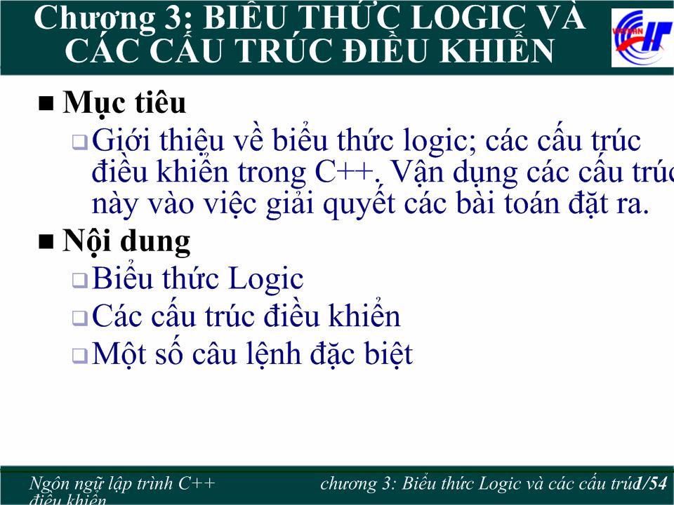 Bài giảng Lập trình C++ - Chương 3: Biểu thức logic và các cấu trúc điều khiển trang 1