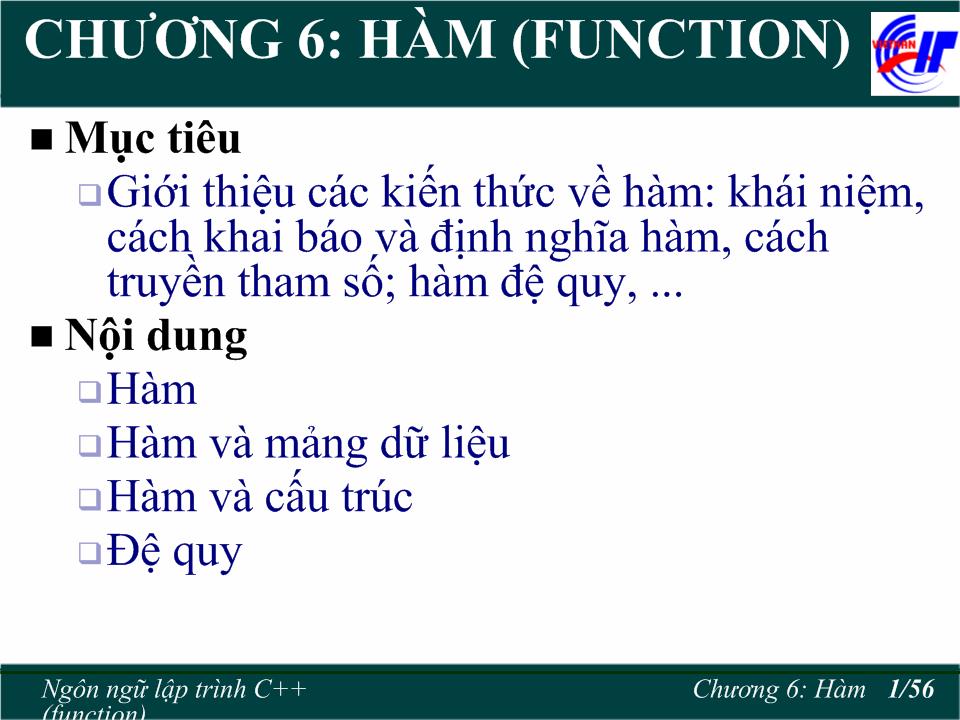 Bài giảng Lập trình C++ - Chương 6: Hàm (Function) trang 1