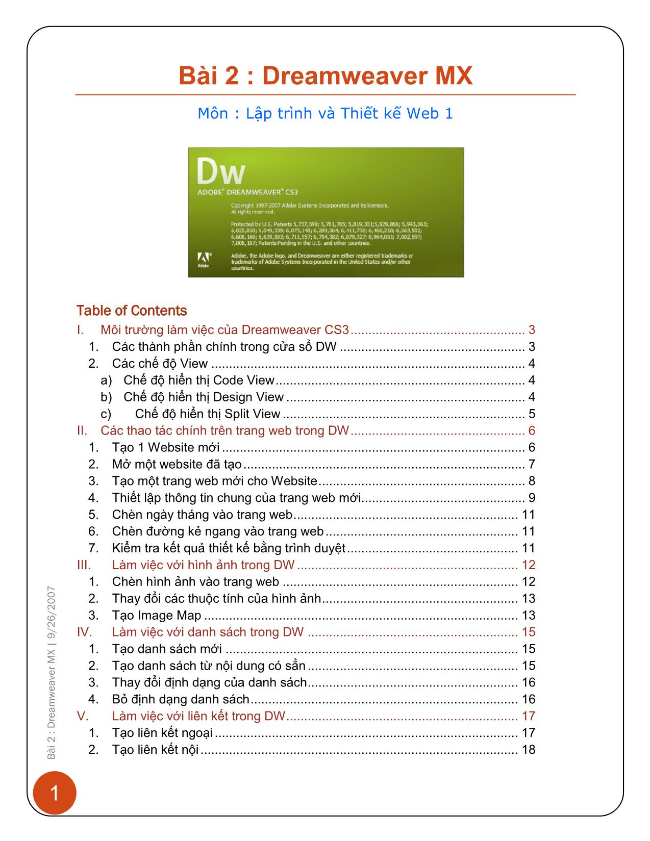 Bài giảng Lập trình và thiết kế web 1 - Bài 2: Dreamweaver MX trang 2