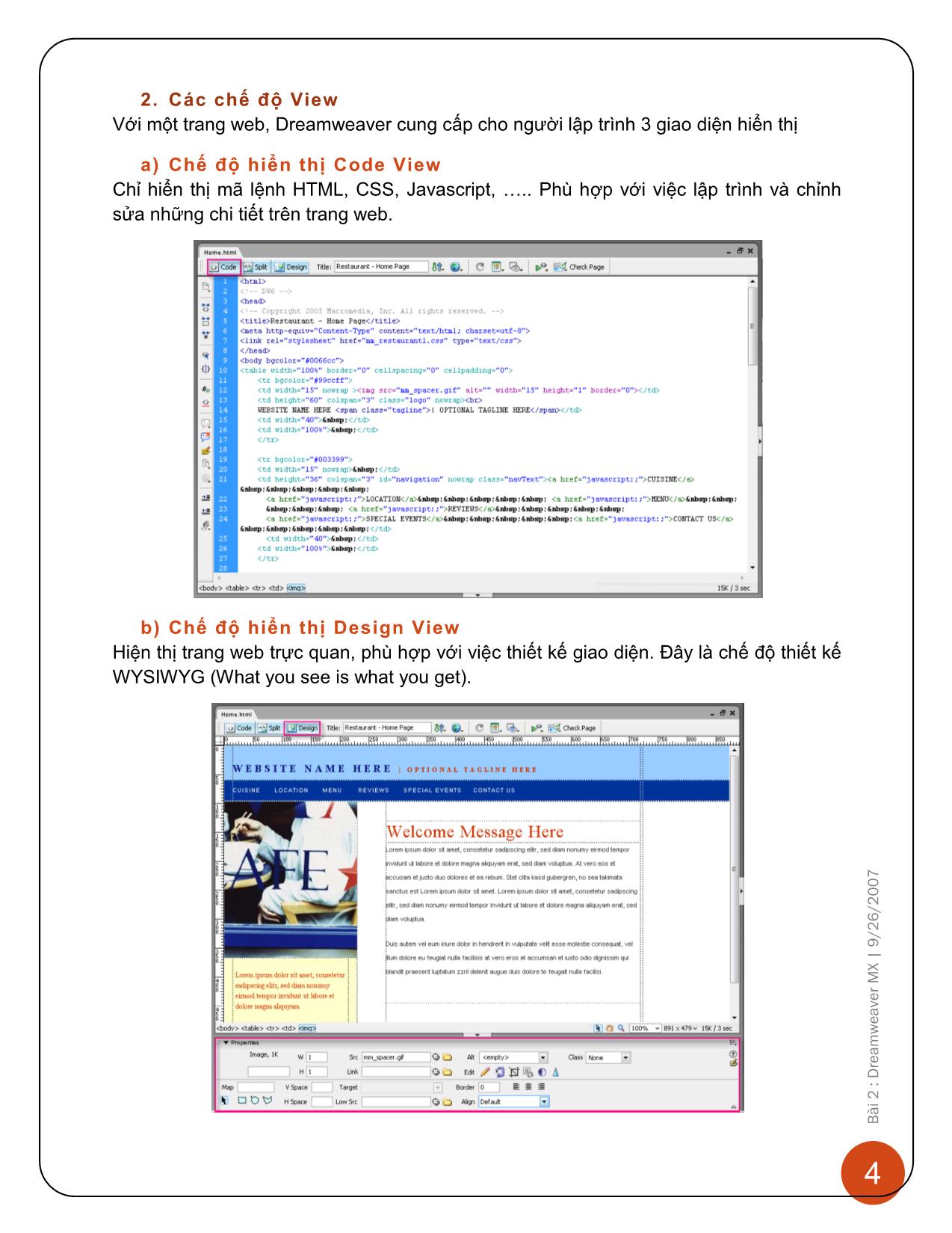 Bài giảng Lập trình và thiết kế web 1 - Bài 2: Dreamweaver MX trang 5