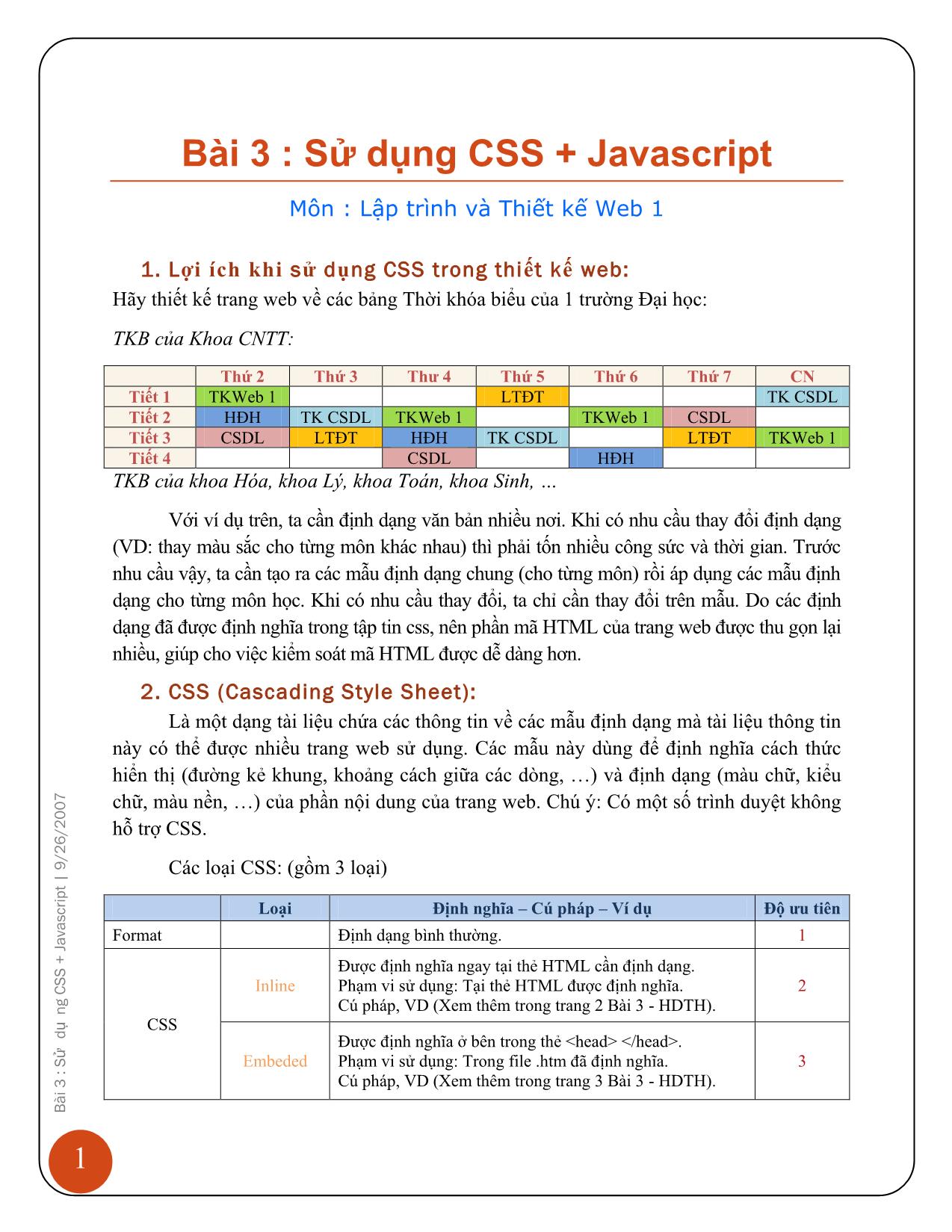 Bài giảng Lập trình và thiết kế web 1 - Bài 3: Sử dụng CSS + JavaScript trang 2