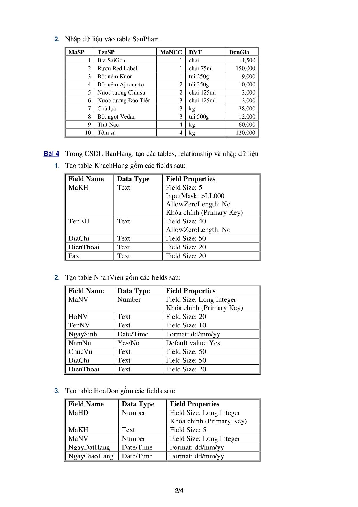 Bài thực hành Access - Chương 1, 2: Database & table trang 2