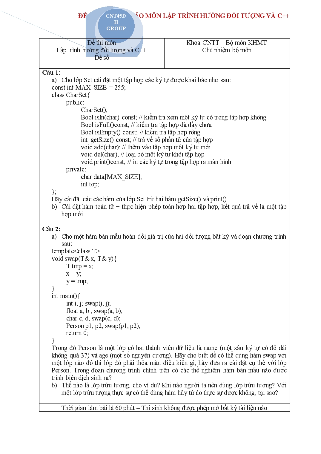 Đề thi tham khảo môn Lập trình hướng đối tượng và C++ trang 5
