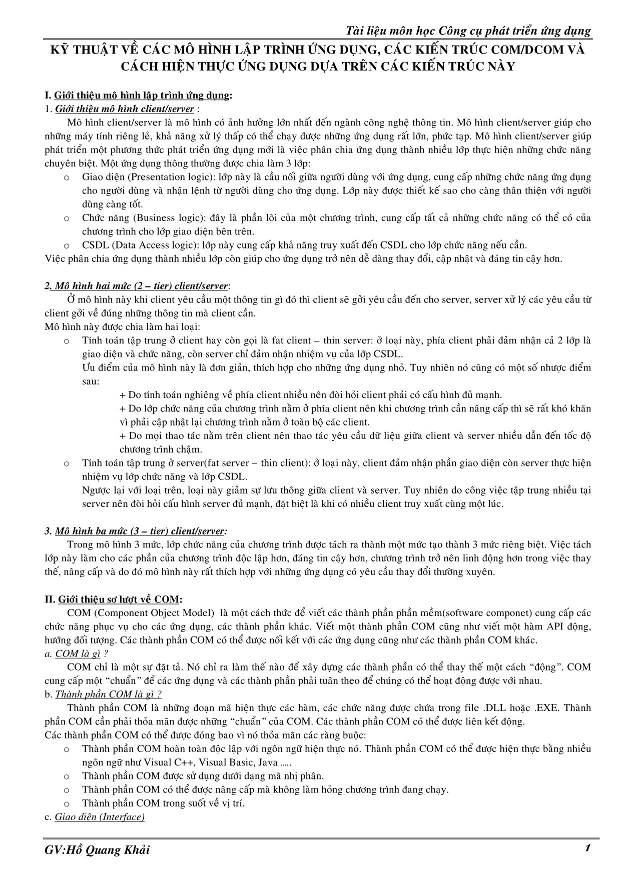 Kỹ thuật về các mô hình lập trình ứng dụng, các kiến trúc COM/DCOM và cách hiện thực ứng dụng dựa trên các kiến trúc này trang 1