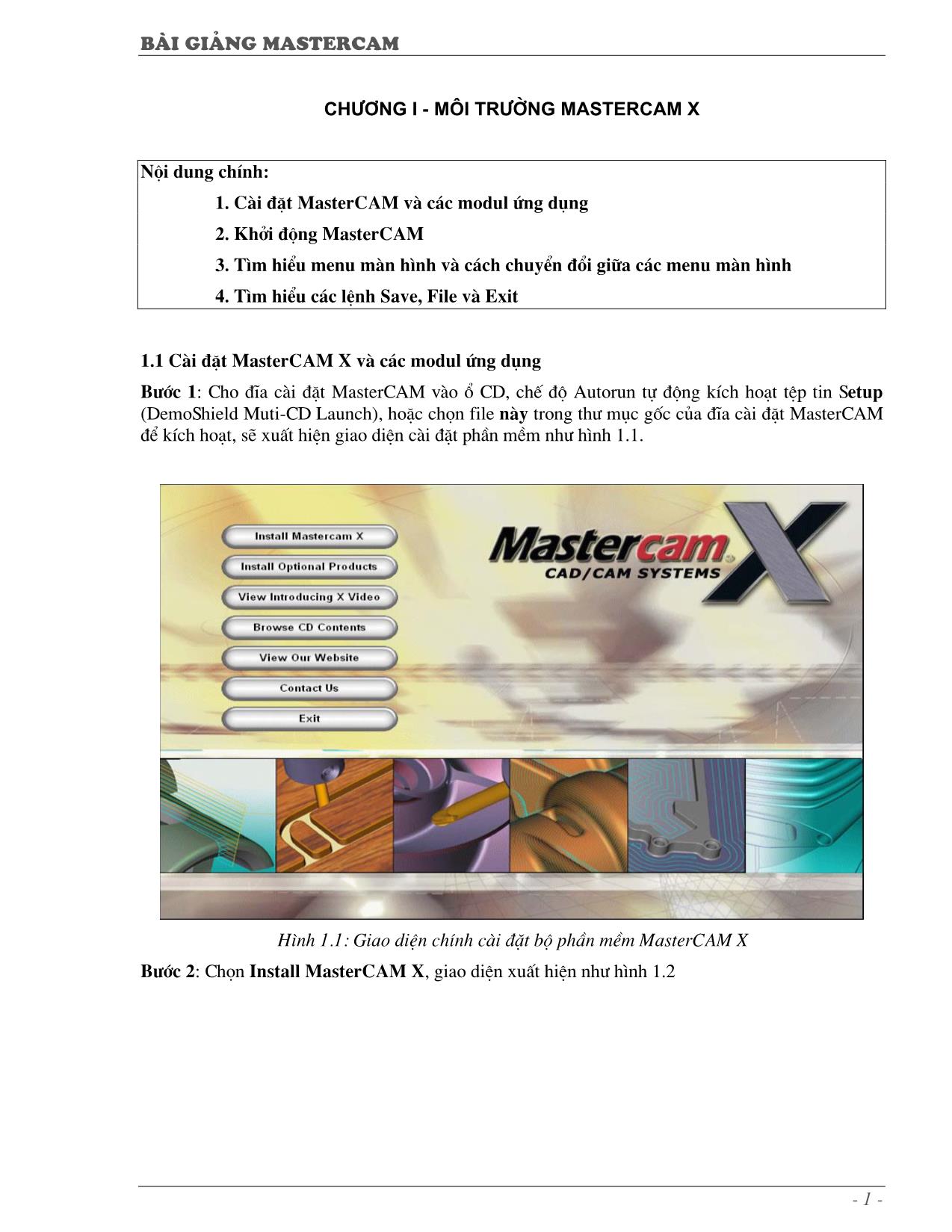 Bài giảng Mastercam - Chương 1: Môi trường Mastercam X trang 1