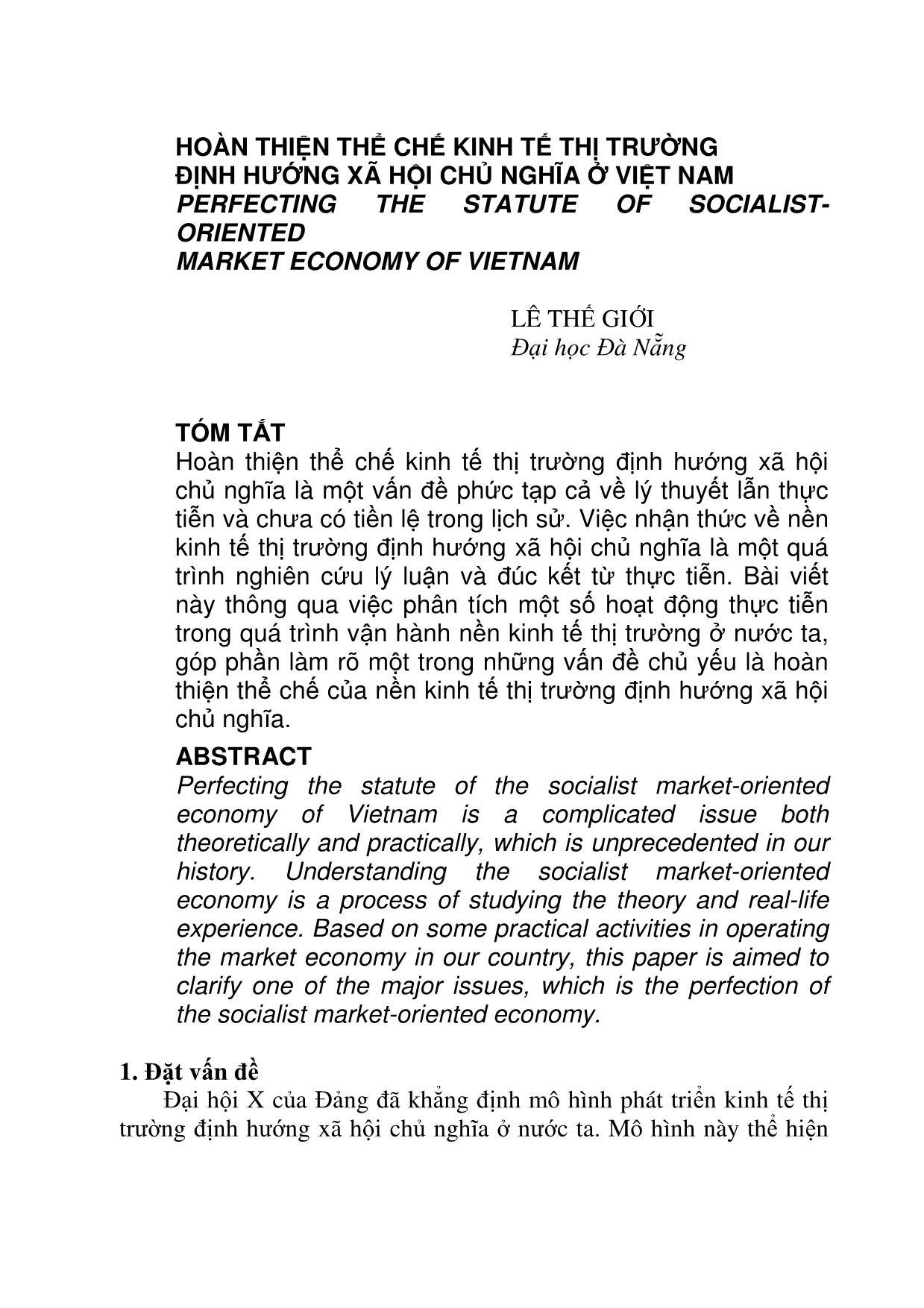Đề tài Hoàn thiện thể chế kinh tế thị trường định hướng xã hội chủ nghĩa ở Việt Nam trang 1