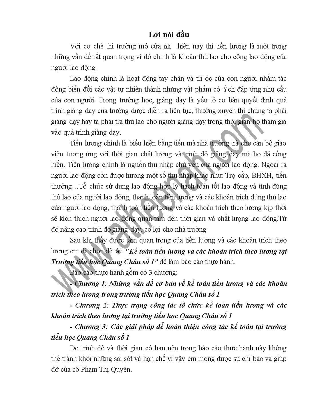 Đề tài Kế toán tiền lương và các khoản trích theo lương tại Trường tiểu học Quang Châu số 1 trang 1