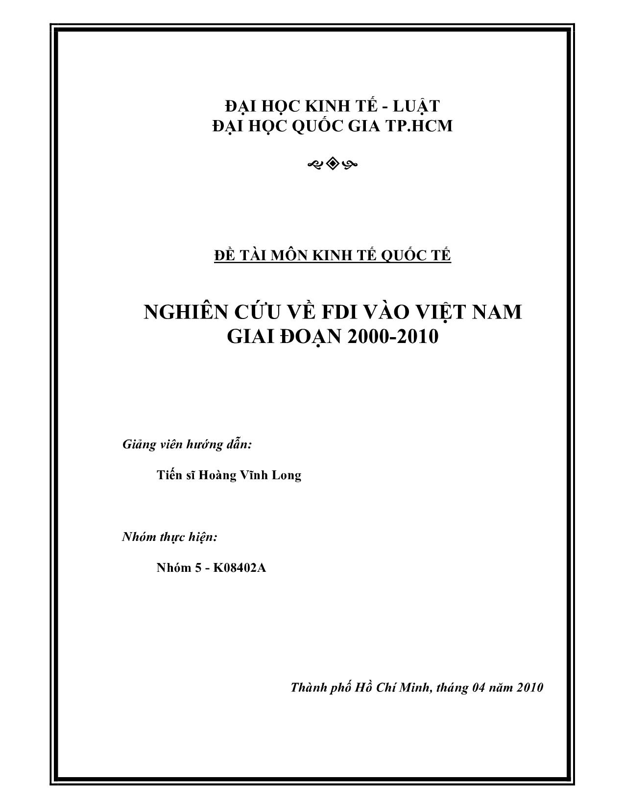 Đề tài Nghiên cứu về FDI vào Việt Nam giai đoạn 2000-2010 trang 1