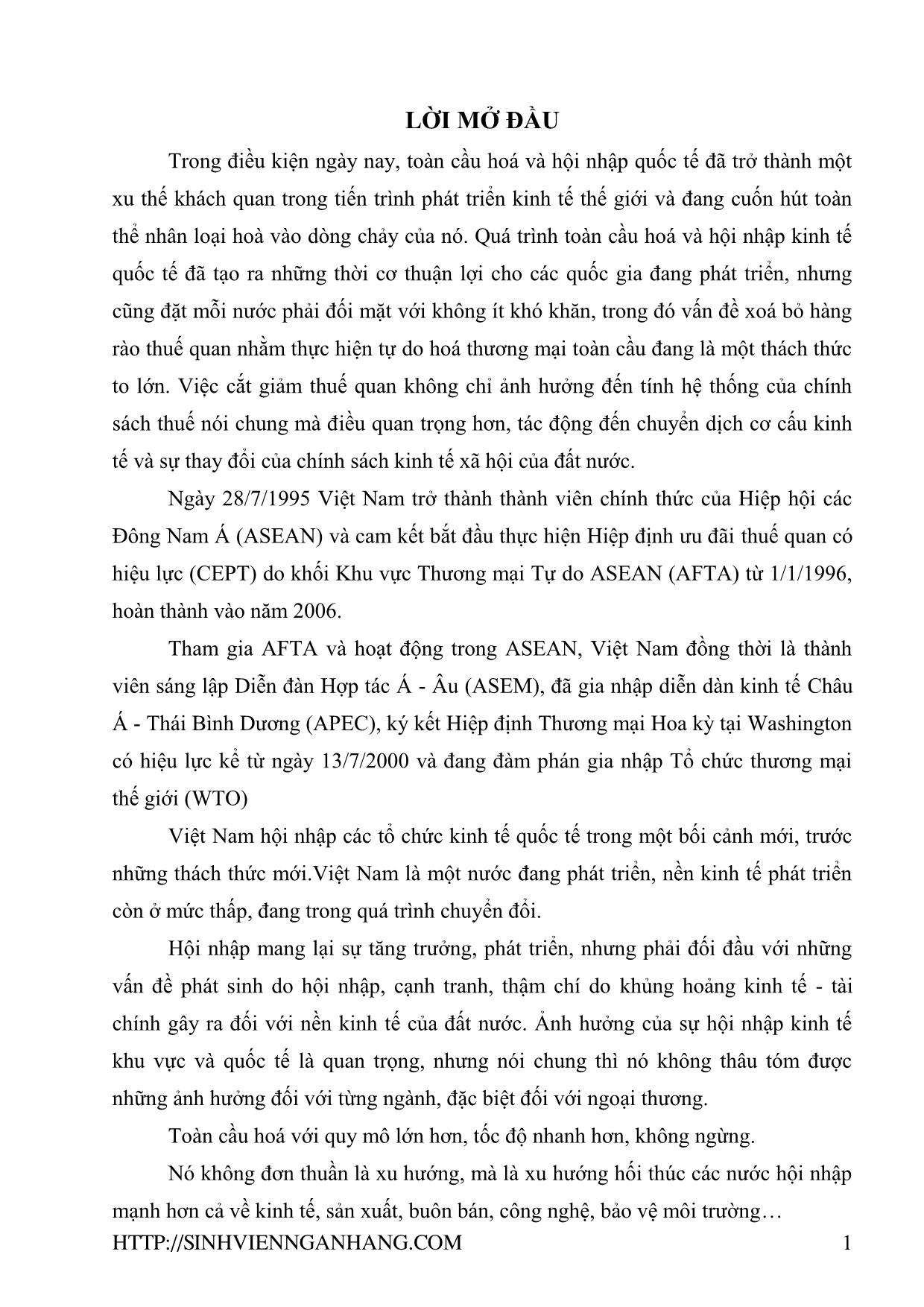Đề tài Thuế quan (thuế nhập khẩu) Việt Nam trong quá trình hội nhập AFTA trang 1