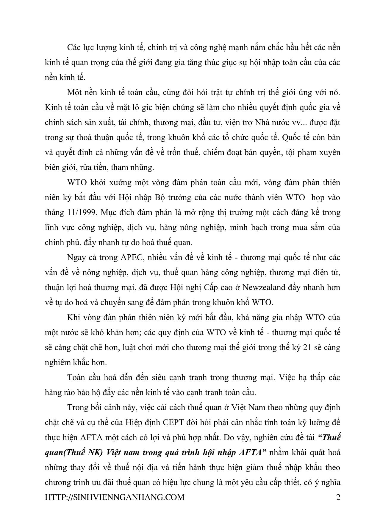 Đề tài Thuế quan (thuế nhập khẩu) Việt Nam trong quá trình hội nhập AFTA trang 2