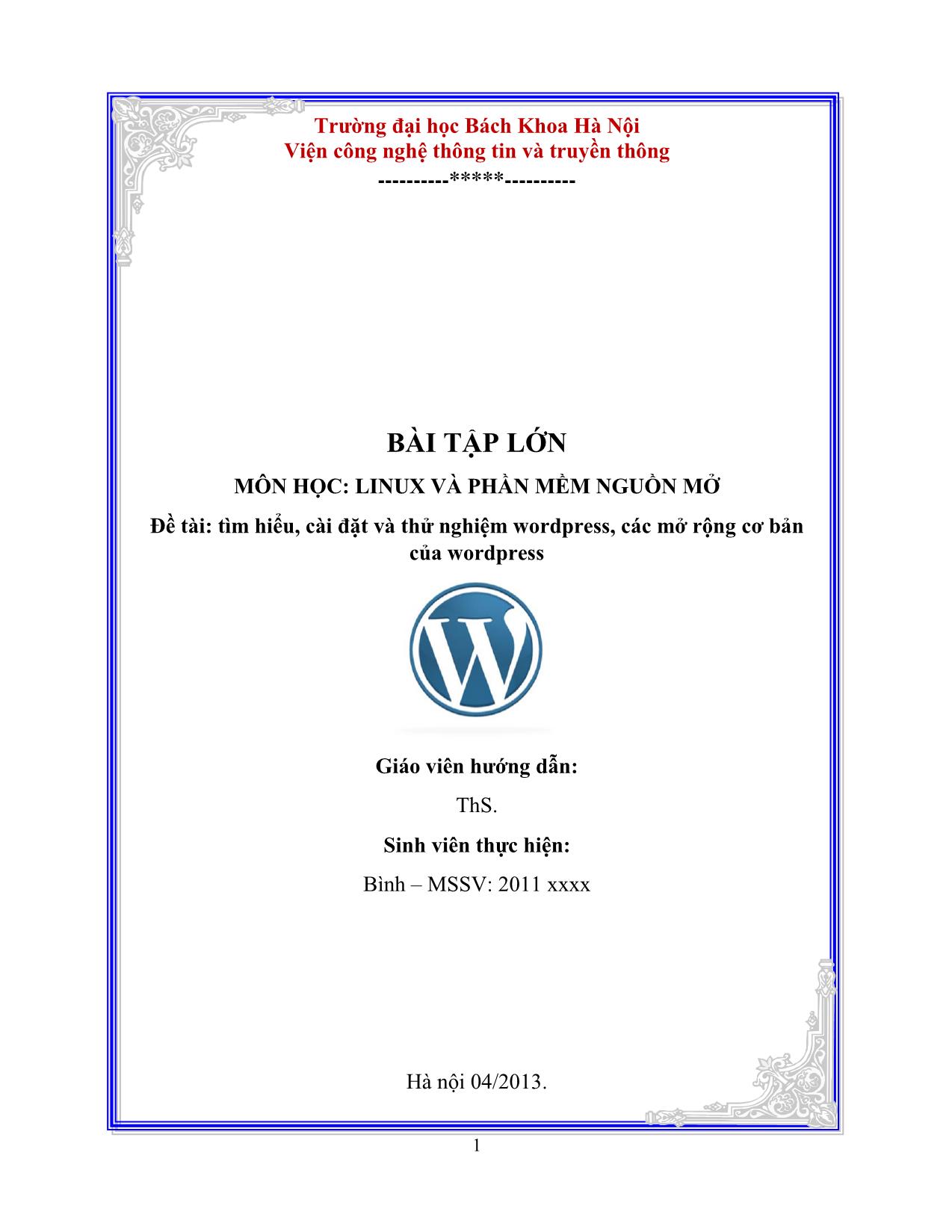 Đề tài Tìm hiểu, cài đặt và thử nghiệm Wordpress, các mở rộng cơ bản của Wordpress trang 1