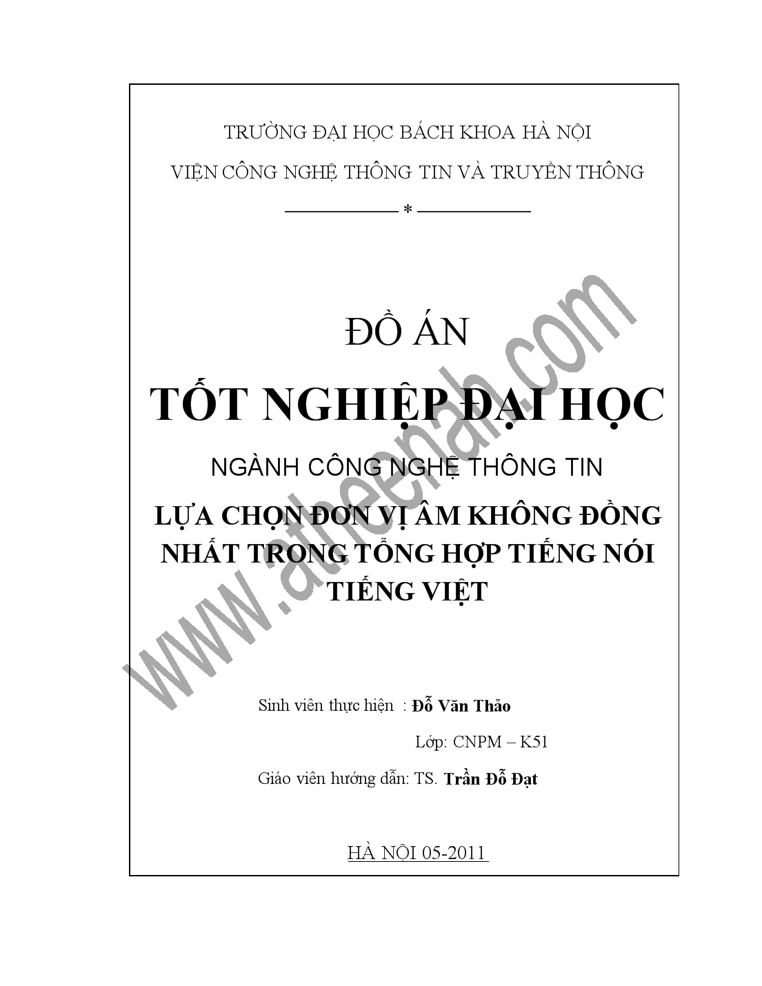 Đồ án Lựa chọn đơn vị âm không đồng nhất trong tổng hợp tiếng nói Tiếng Việt trang 1