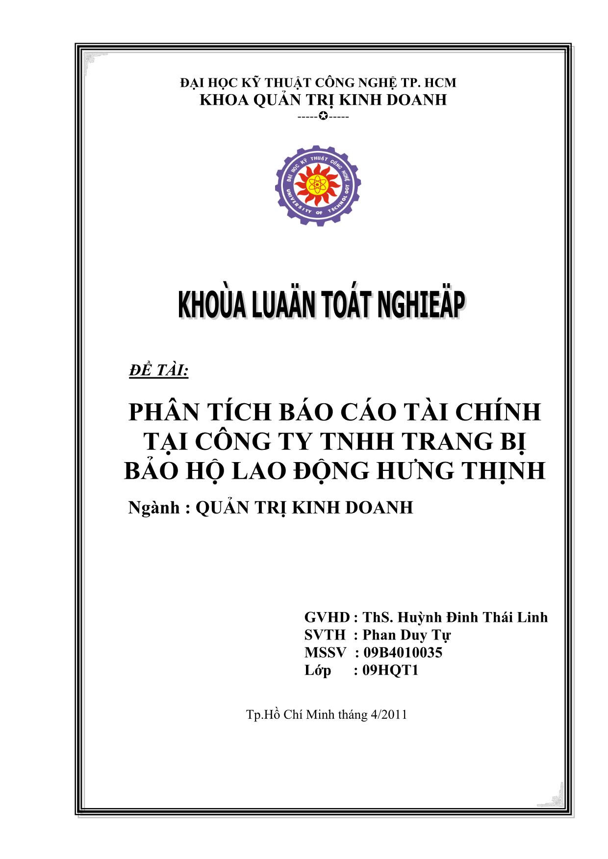 Khóa luận Phân tích báo cáo tài chính tại công ty TNHH trang bị bảo hộ lao động Hưng Thịnh trang 1