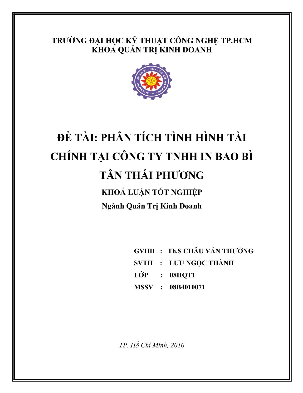 Khóa luận Phân tích tình hình tài chính tại công ty TNHH in bao bì Tân Thái Phương trang 1