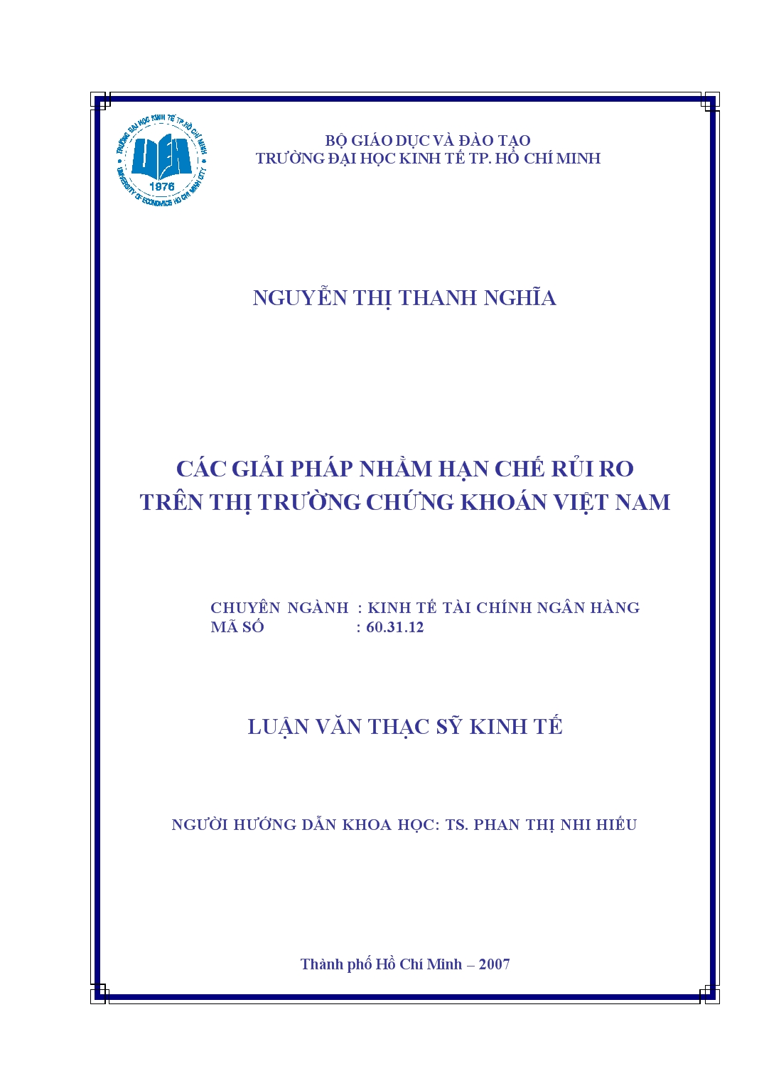 Luận văn Các giải pháp nhằm hạn chế rủi ro trên thị trường chứng khoán Việt Nam trang 1