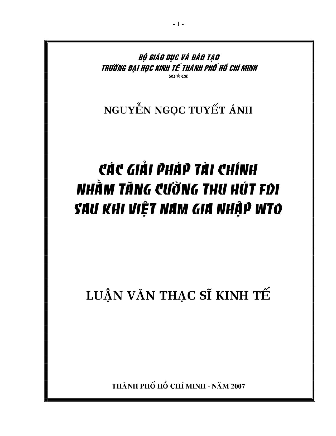 Luận văn Các giải pháp tài chính nhằm tăng cường thu hút FDI sau khi Việt Nam gia nhập WTO trang 1