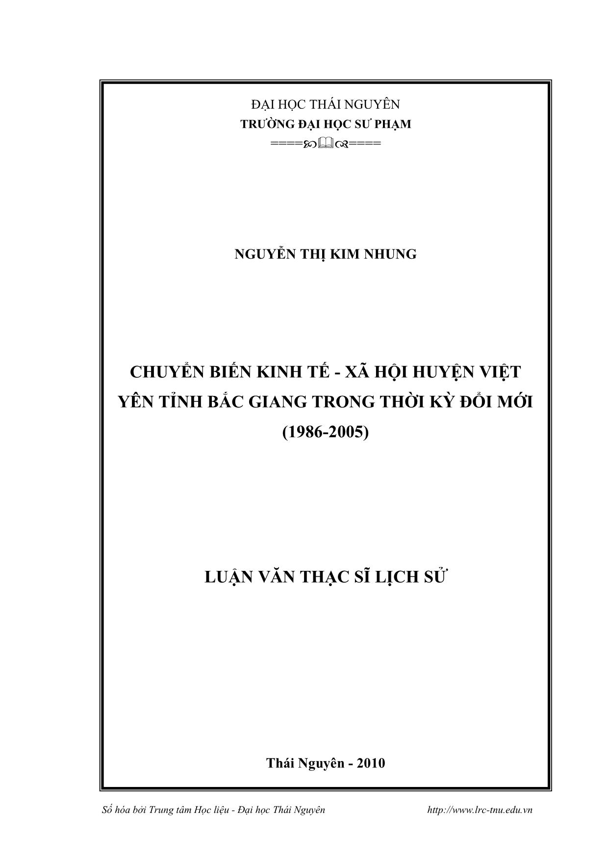 Luận văn Chuyển biến Kinh tế - Xã hội huyện Việt Yên, tỉnh Bắc Giang trong thời kỳ đổi mới (1986-2005) trang 1