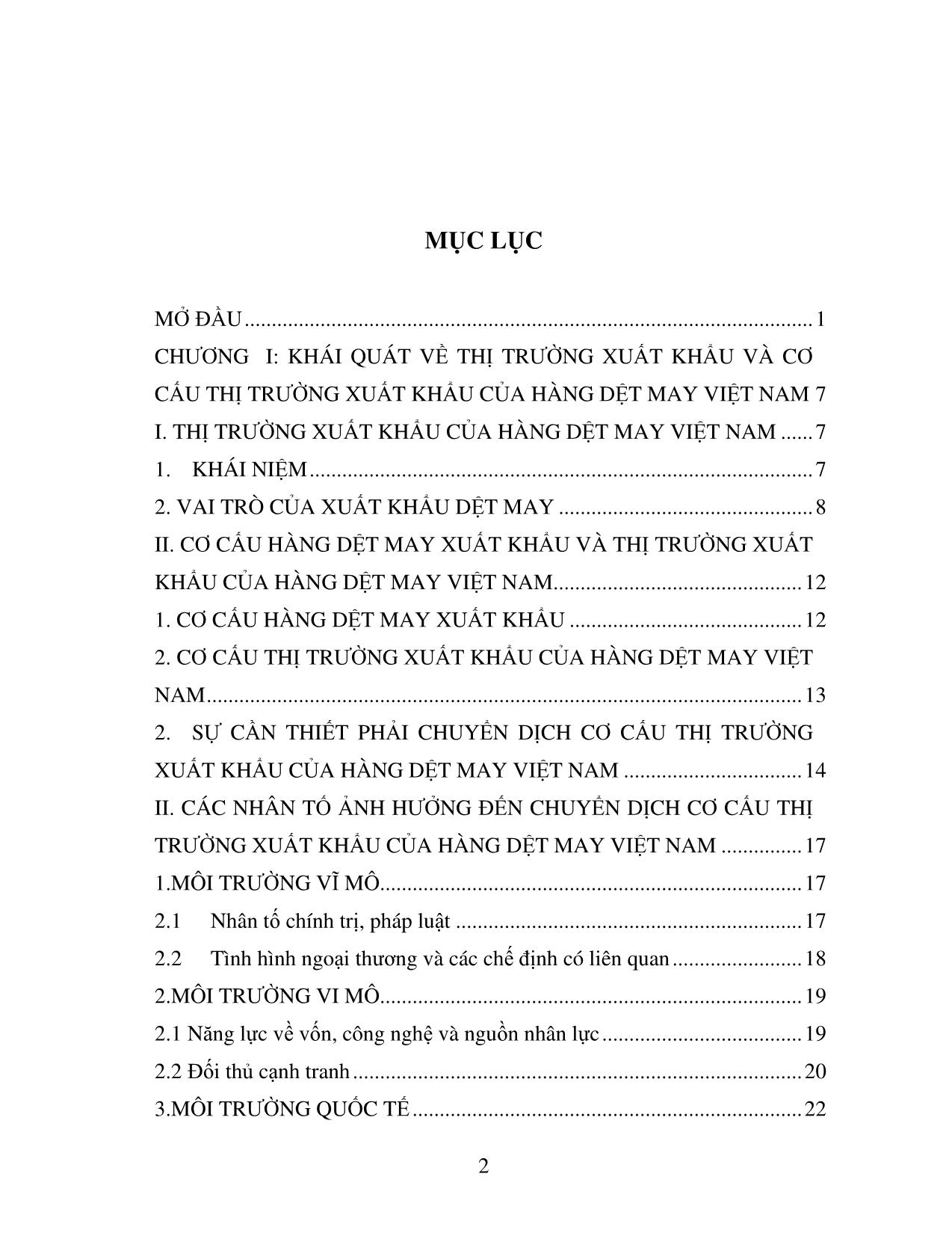 Luận văn Chuyển dịch cơ cấu thị trường xuất khẩu của hàng dệt may xuất khẩu của Việt Nam: Thực trạng và giải pháp trang 2