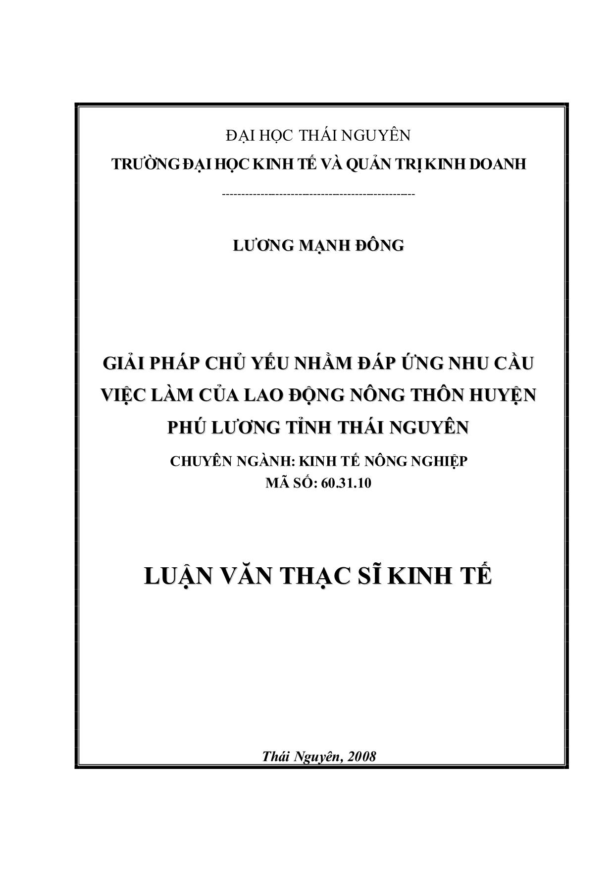 Luận văn Giải pháp chủ yếu nhằm đáp ứng nhu cầu việc làm của lao động nông thôn huyện Phú Lương, tỉnh Thái Nguyên trang 1