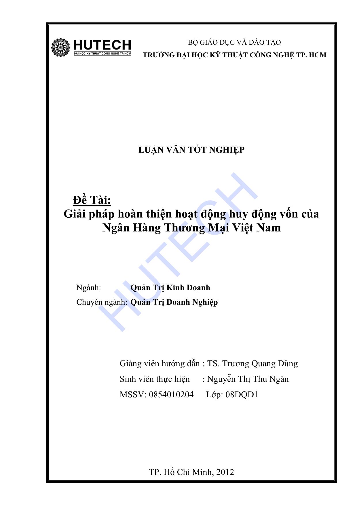 Luận văn Giải pháp hoàn thiện hoạt động vốn của ngân hàng thương mại Việt Nam trang 1