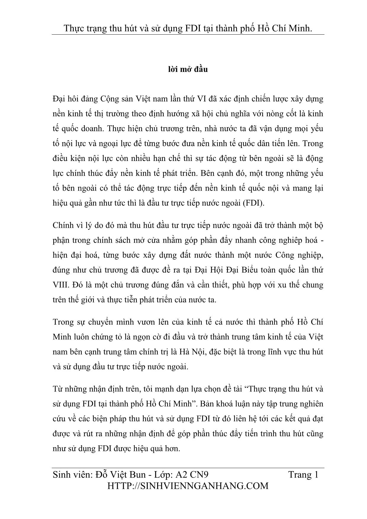 Luận văn Khóa luận Thực trạng thu hút và sử dụng FDI tại thành phố Hồ Chí Minh trang 1