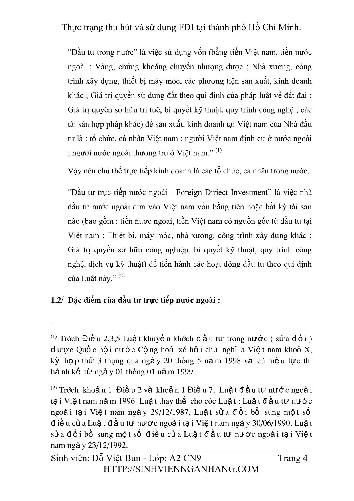 Luận văn Khóa luận Thực trạng thu hút và sử dụng FDI tại thành phố Hồ Chí Minh trang 4