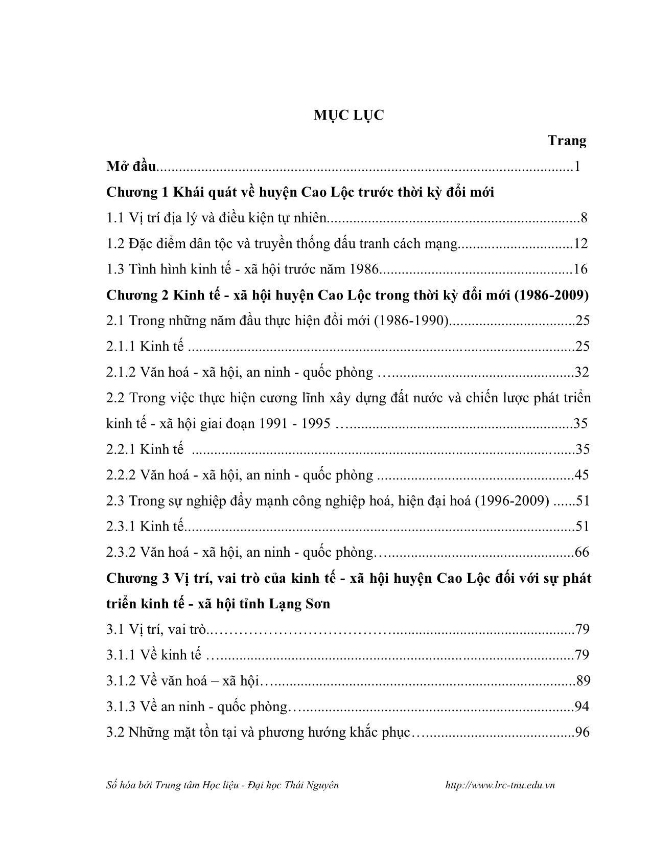 Luận văn Kinh tế - Xã hội huyện Cao Lộc, tỉnh Lạng Sơn trong thời kỳ đổi mới (1986-2009) trang 3