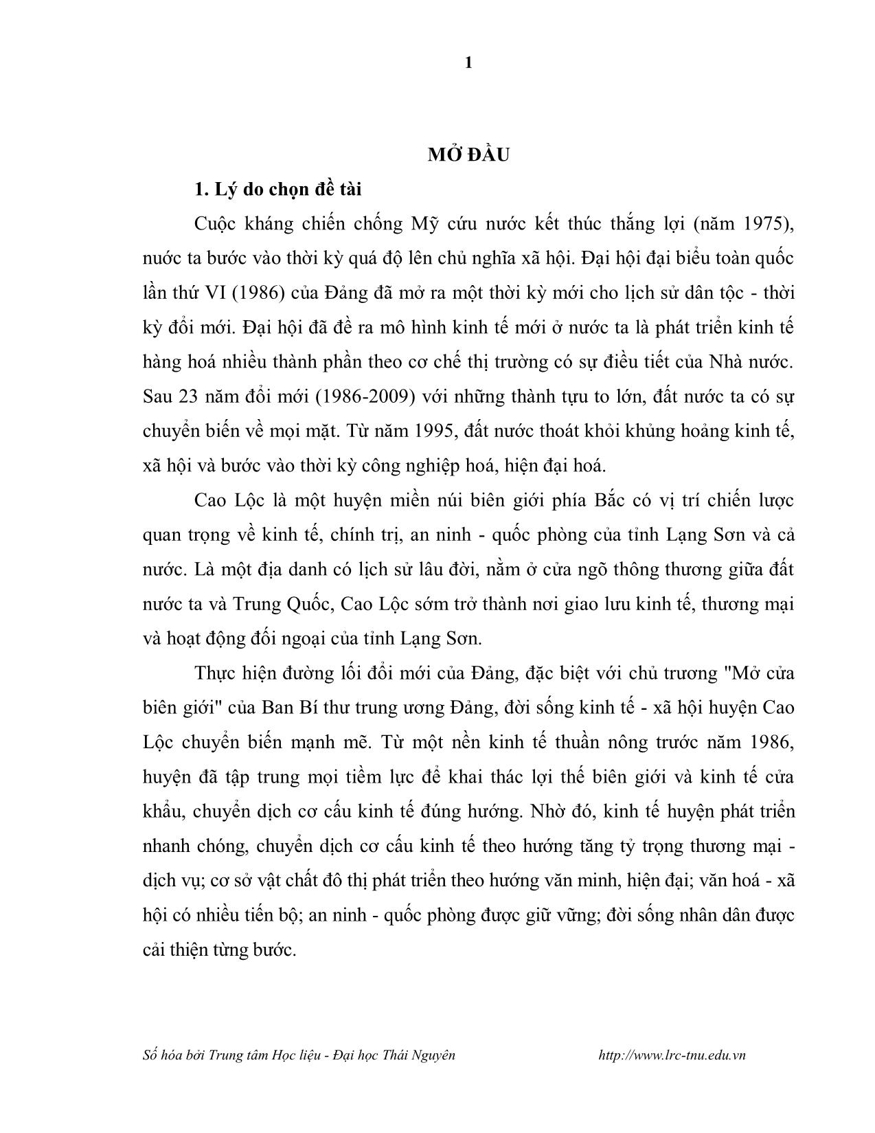Luận văn Kinh tế - Xã hội huyện Cao Lộc, tỉnh Lạng Sơn trong thời kỳ đổi mới (1986-2009) trang 5