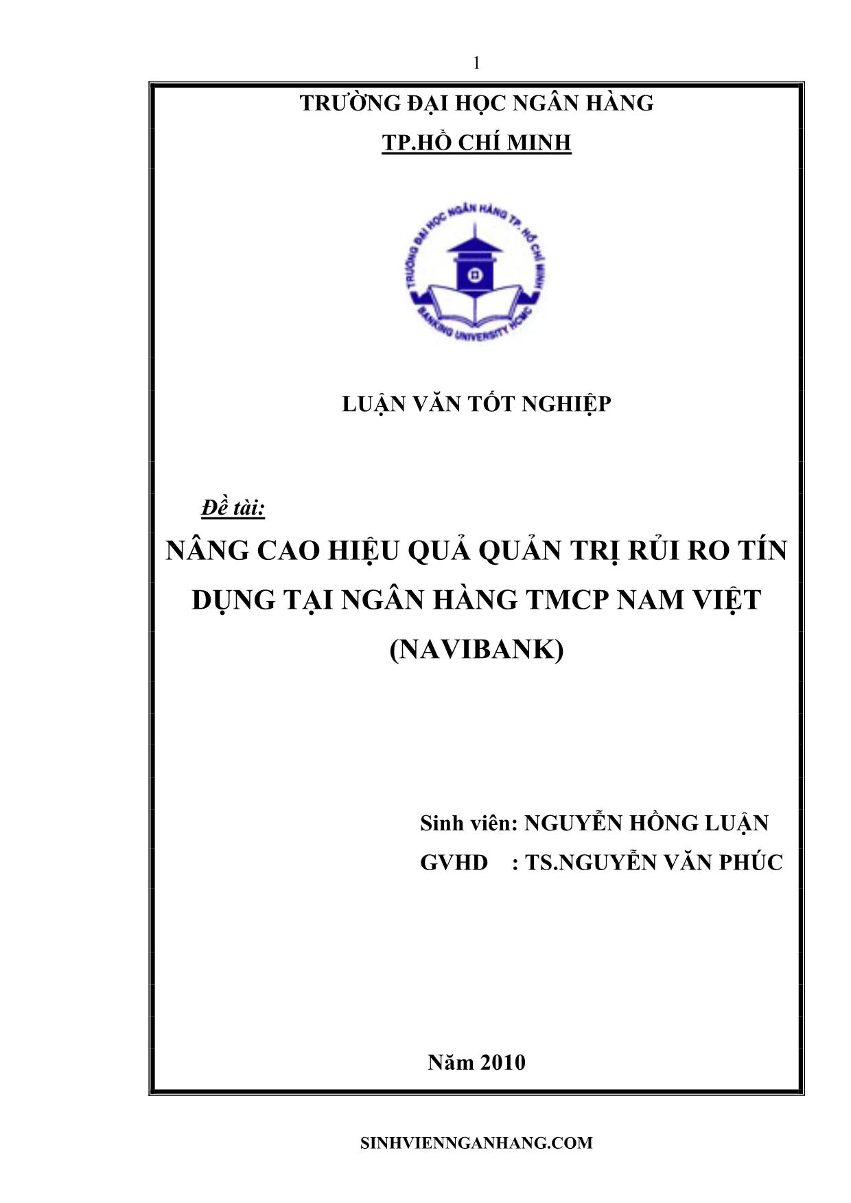 Luận văn Nâng cao hiệu quả quản trị rủi ro tín dụng tại ngân hàng TMCP Nam Việt (NaviBank) trang 1