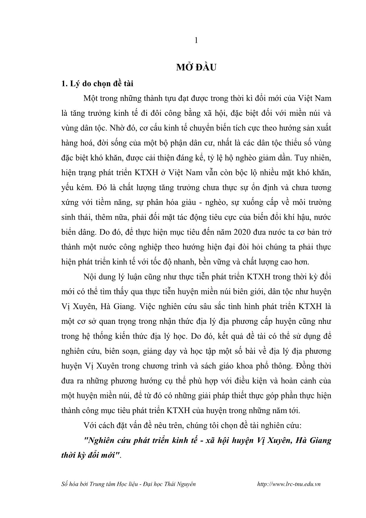 Luận văn Nghiên cứu phát triển Kinh tế - Xã hội huyện Vị Xuyên, Hà Giang thời kỳ đổi mới trang 3
