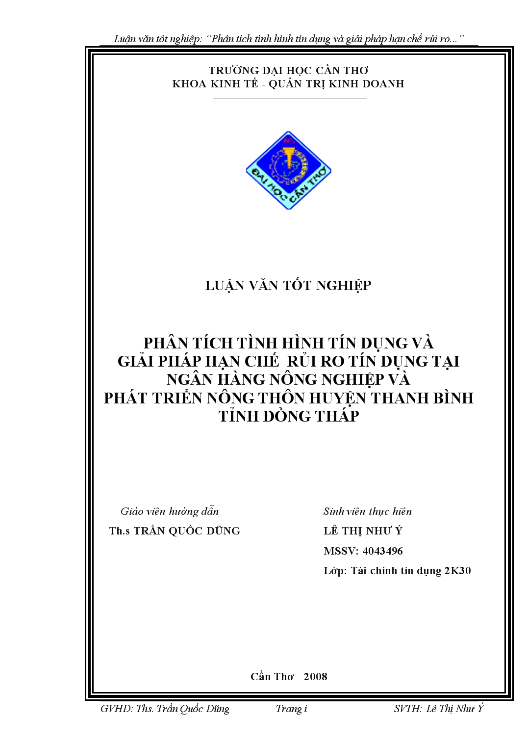 Luận văn Phân tích tình hình tín dụng và giải pháp hạn chế rủi ro tín dụng tại ngân hàng nông nghiệp và phát triển nông thôn huyện Thanh Bình, tỉnh Đồng Tháp trang 1