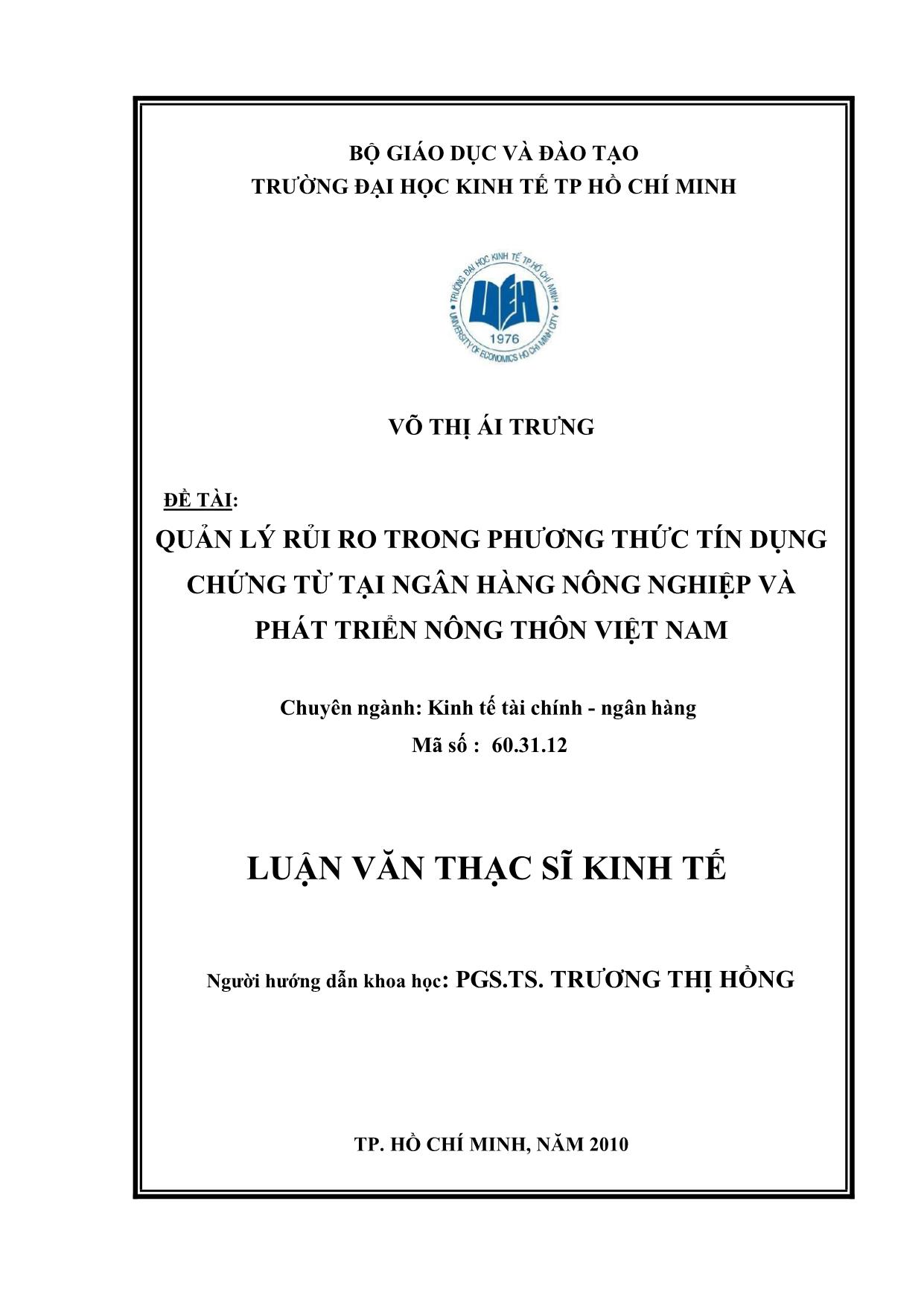 Luận văn Quản lý rủi ro trong phương thức tín dụng chứng từ tại ngân hàng nông nghiệp và phát triển nông thôn Việt Nam trang 1