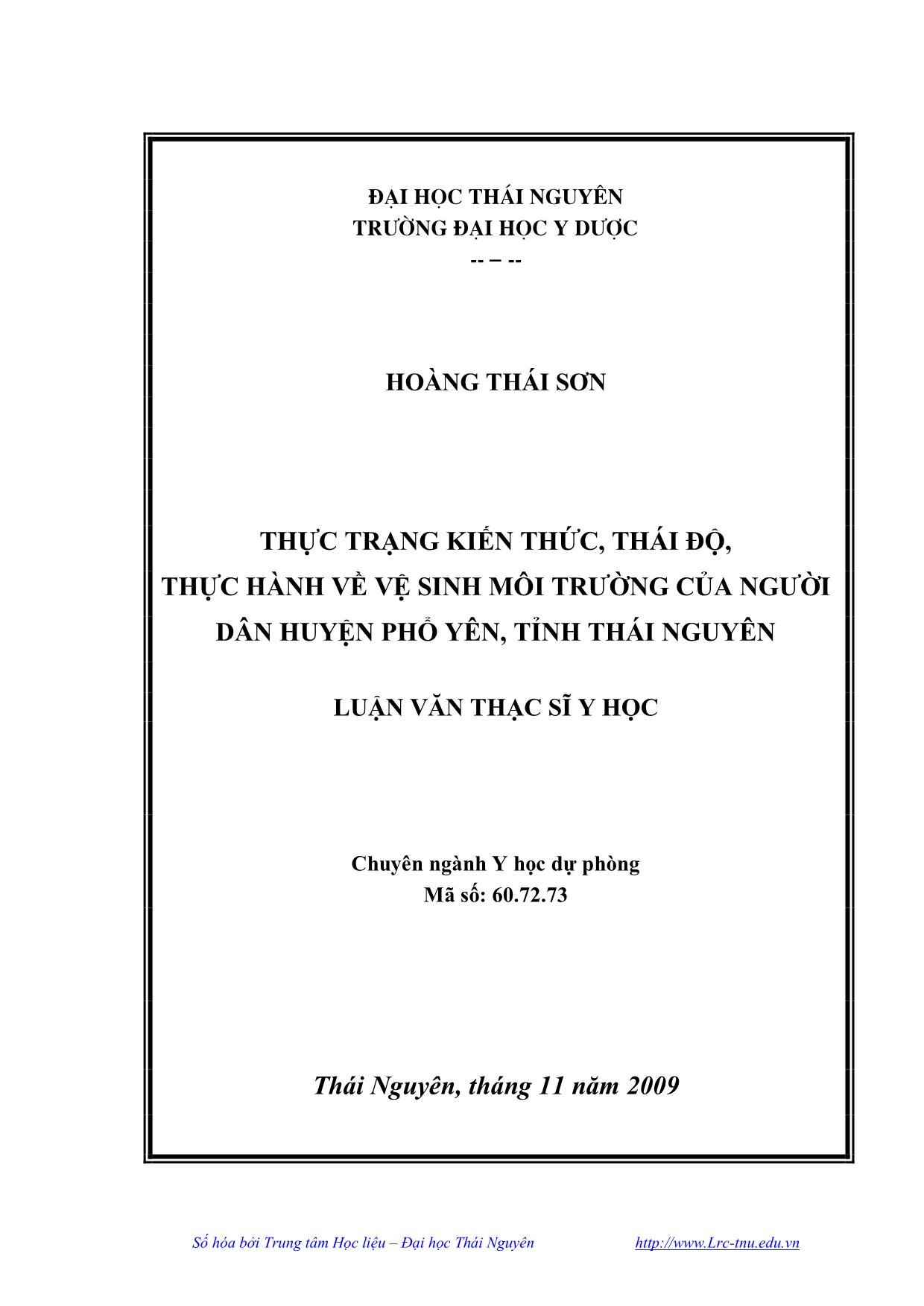 Luận văn Thực trạng kiến thức, thái độ, thực hành về vệ sinh môi trường của người dân huyện Phổ Yên, tỉnh Thái Nguyên trang 1
