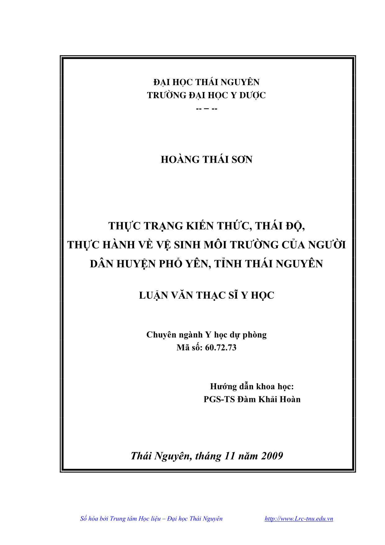Luận văn Thực trạng kiến thức, thái độ, thực hành về vệ sinh môi trường của người dân huyện Phổ Yên, tỉnh Thái Nguyên trang 2