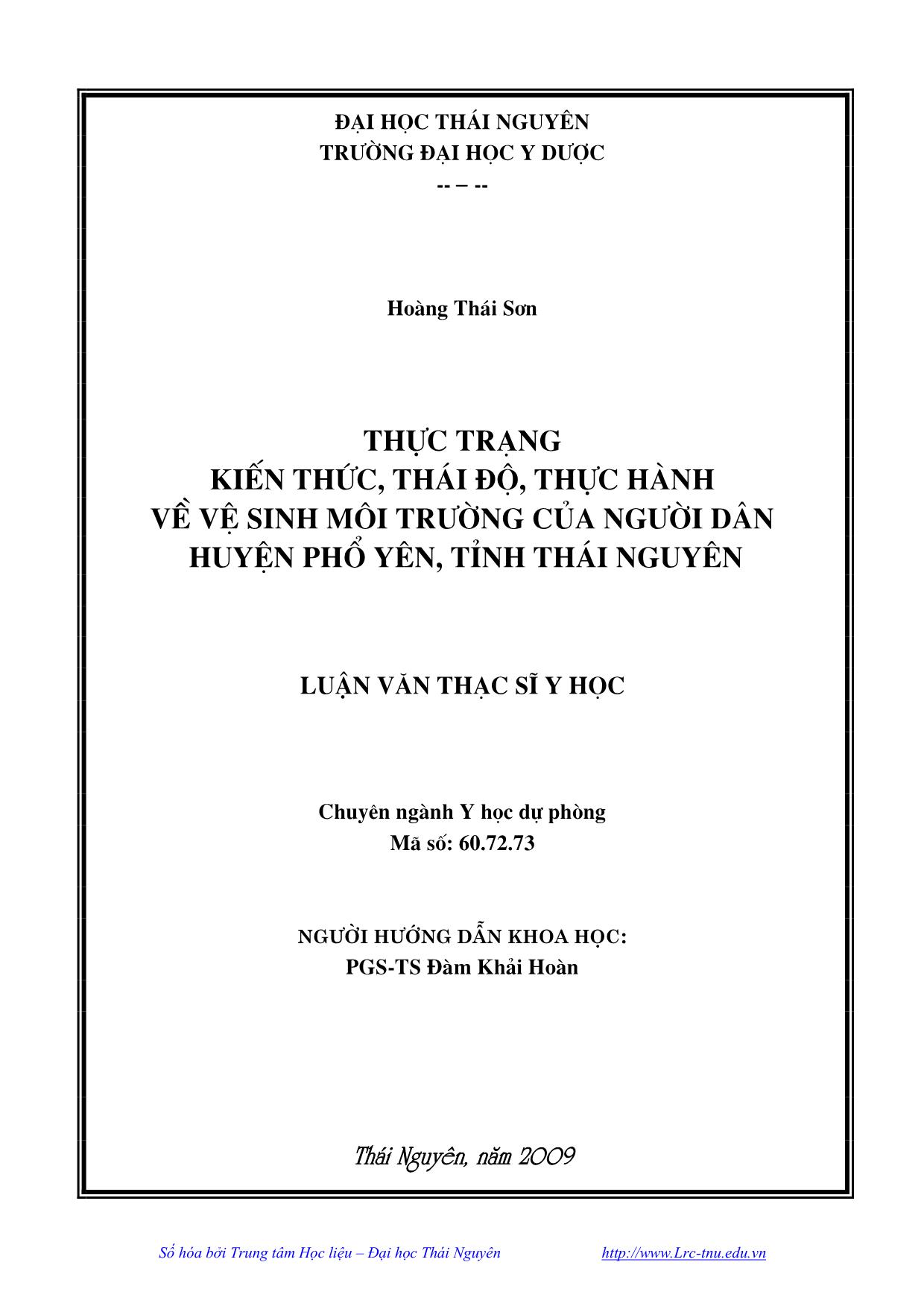 Luận văn Thực trạng kiến thức, thái độ, thực hành về vệ sinh môi trường của người dân huyện Phổ Yên, tỉnh Thái Nguyên trang 3