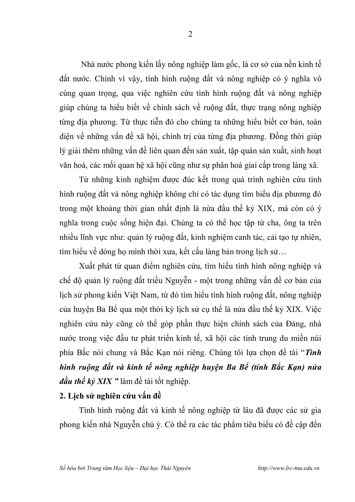 Luận văn Tình hình ruộng đất và kinh tế nông nghiệp huyện Ba Bể nửa đầu thế kỷ XIX trang 5