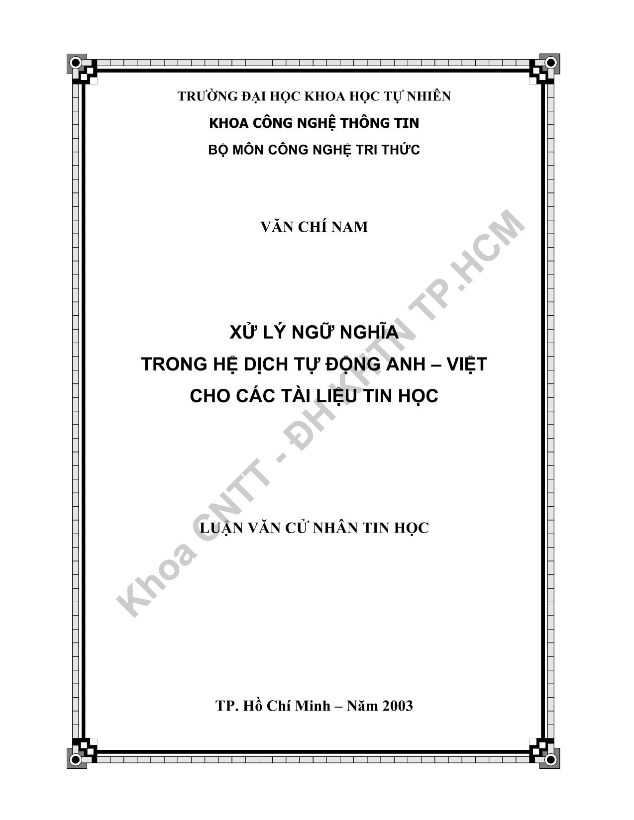 Luận văn Xử lý ngữ nghĩa trong hệ dịch tự động Anh - Việt cho các tài liệu tin học trang 1