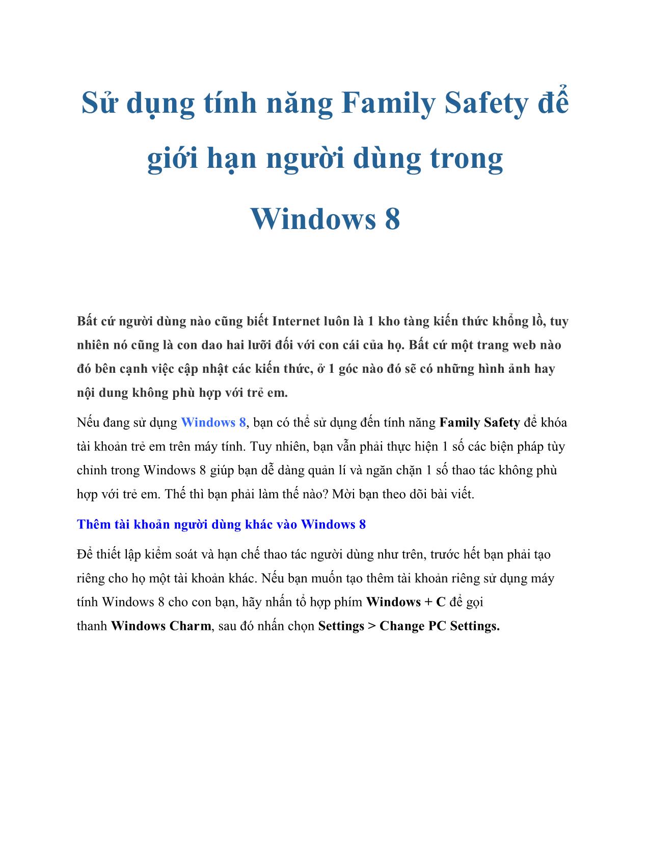 Sử dụng tính năng Family Safety để giới hạn người dùng trong Windows 8 trang 1