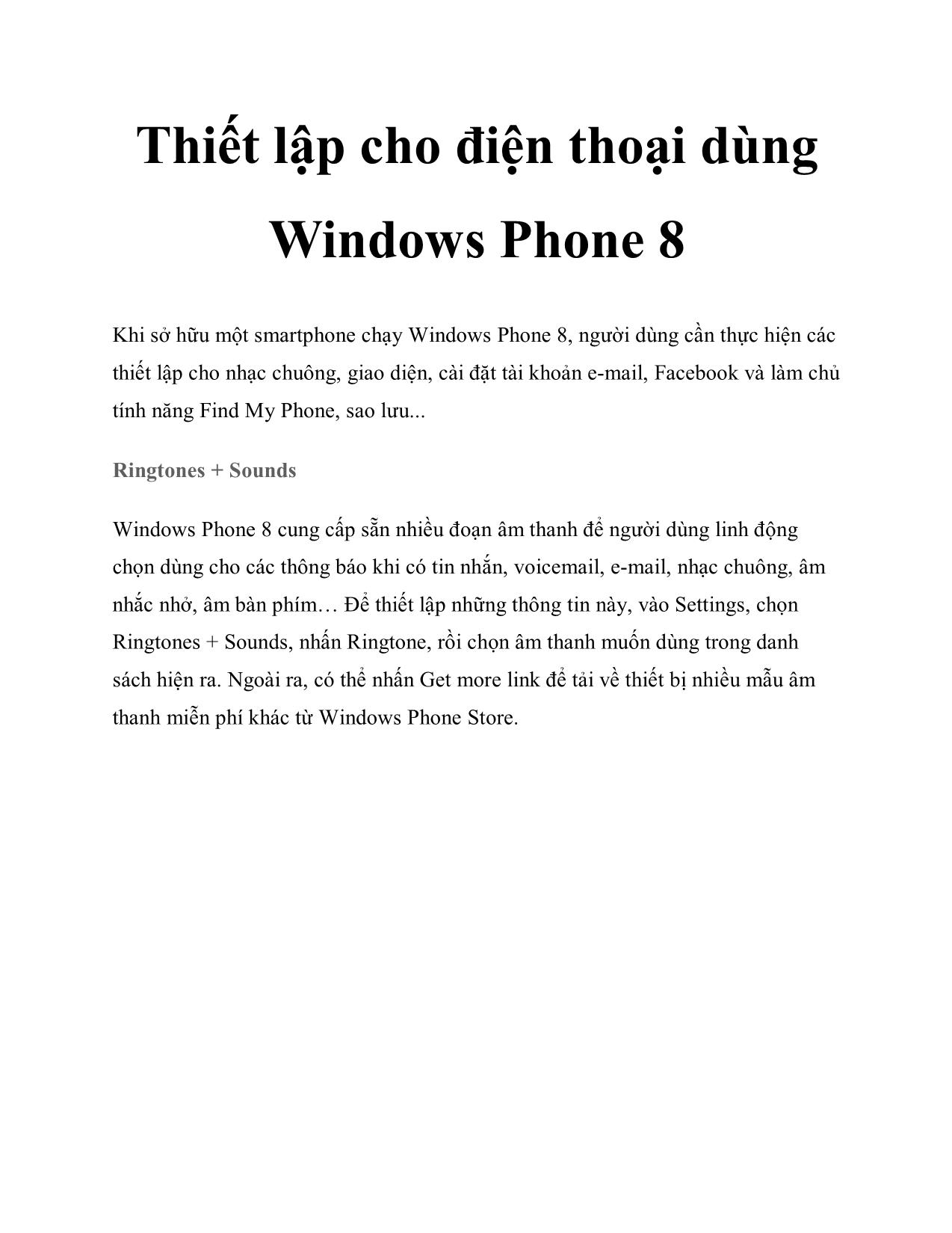 Thiết lập cho điện thoại dùng Windows Phone 8 trang 1