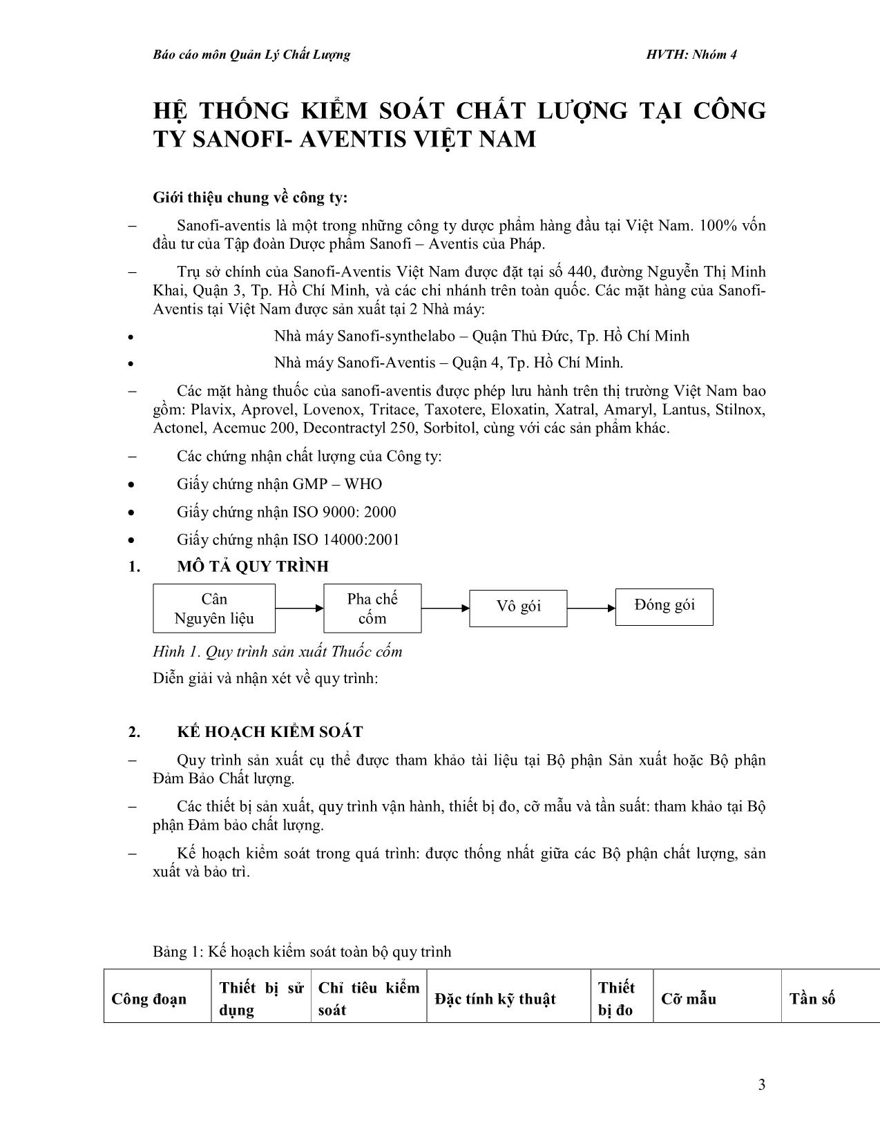 Tiểu luận Hệ thống kiểm soát chất lượng tại công ty Sanofi - Aventis Việt Nam trang 3