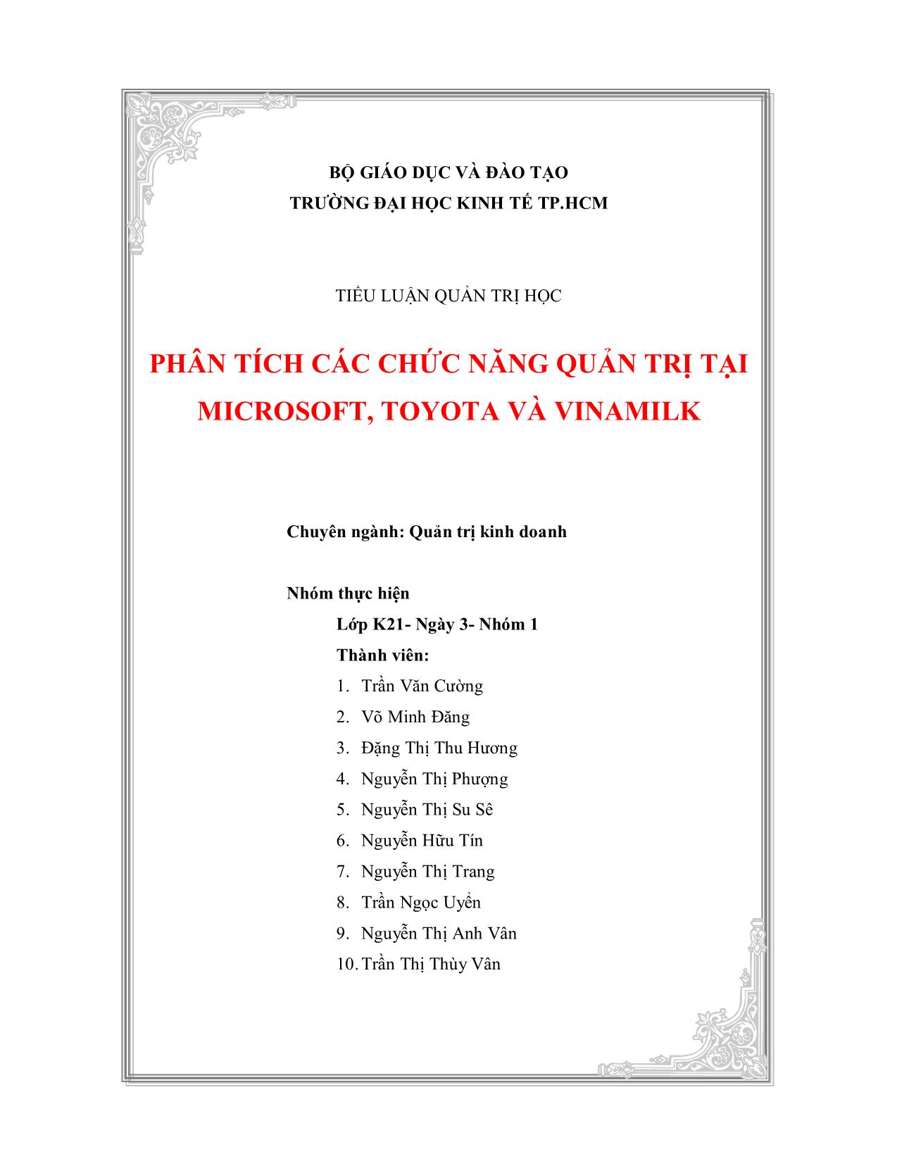 Tiểu luận Phân tích các chức năng quản trị tại Microsoft, Toyota và Vinamilk trang 1
