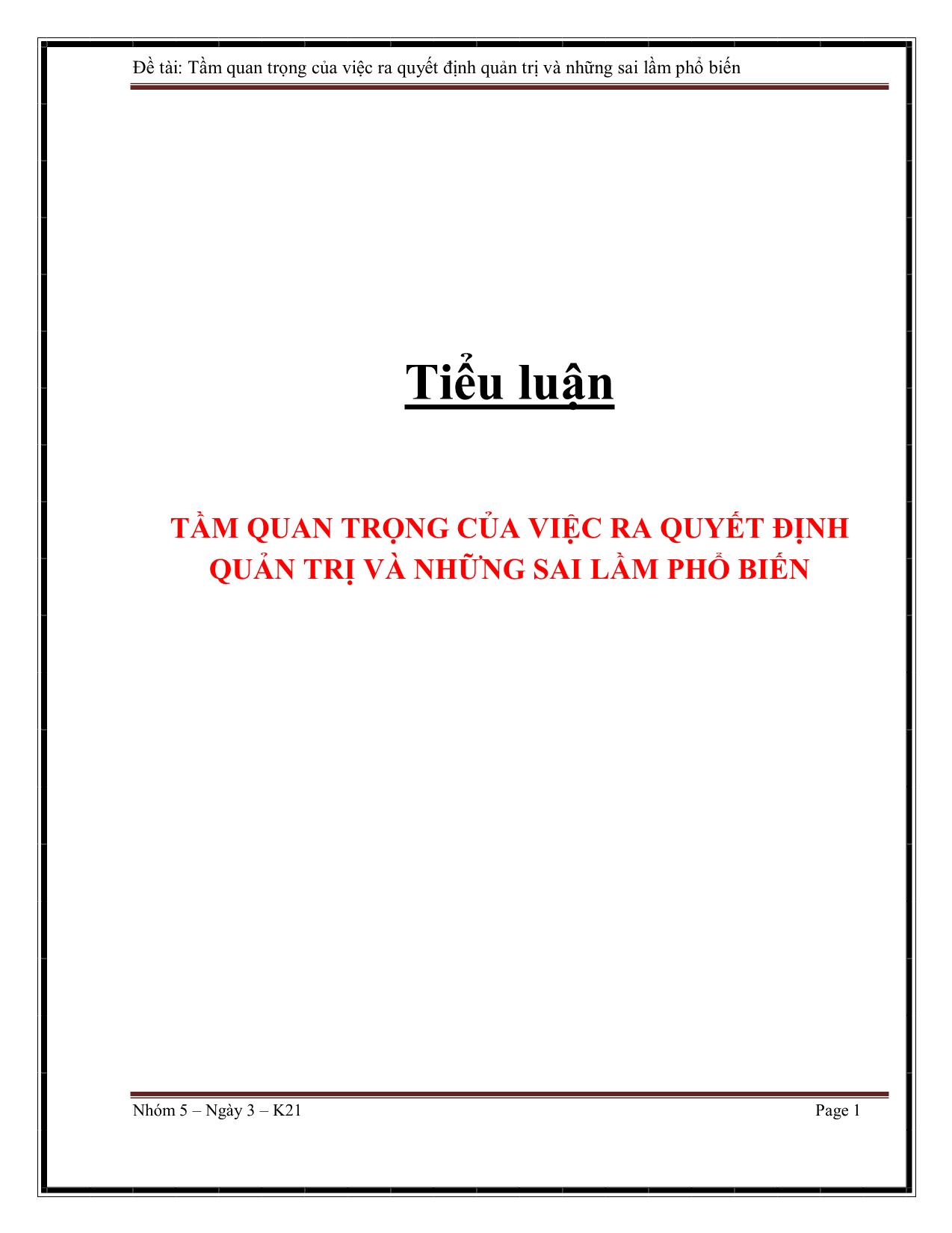 Tiểu luận Tầm quan trọng của việc ra quyết định quản trị và những sai lầm phổ biến trang 1