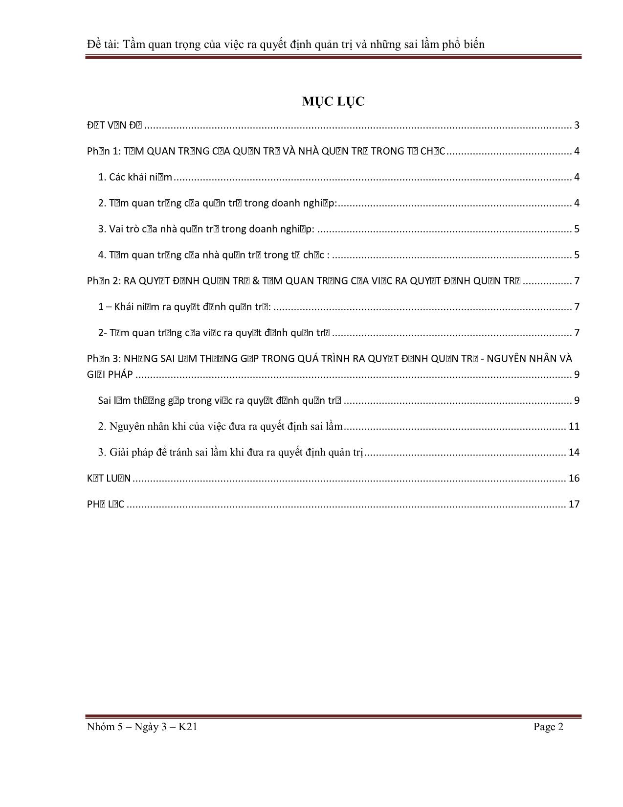 Tiểu luận Tầm quan trọng của việc ra quyết định quản trị và những sai lầm phổ biến trang 2