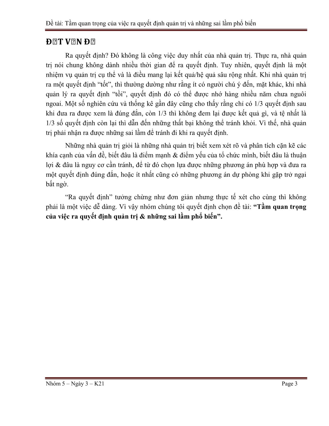 Tiểu luận Tầm quan trọng của việc ra quyết định quản trị và những sai lầm phổ biến trang 3