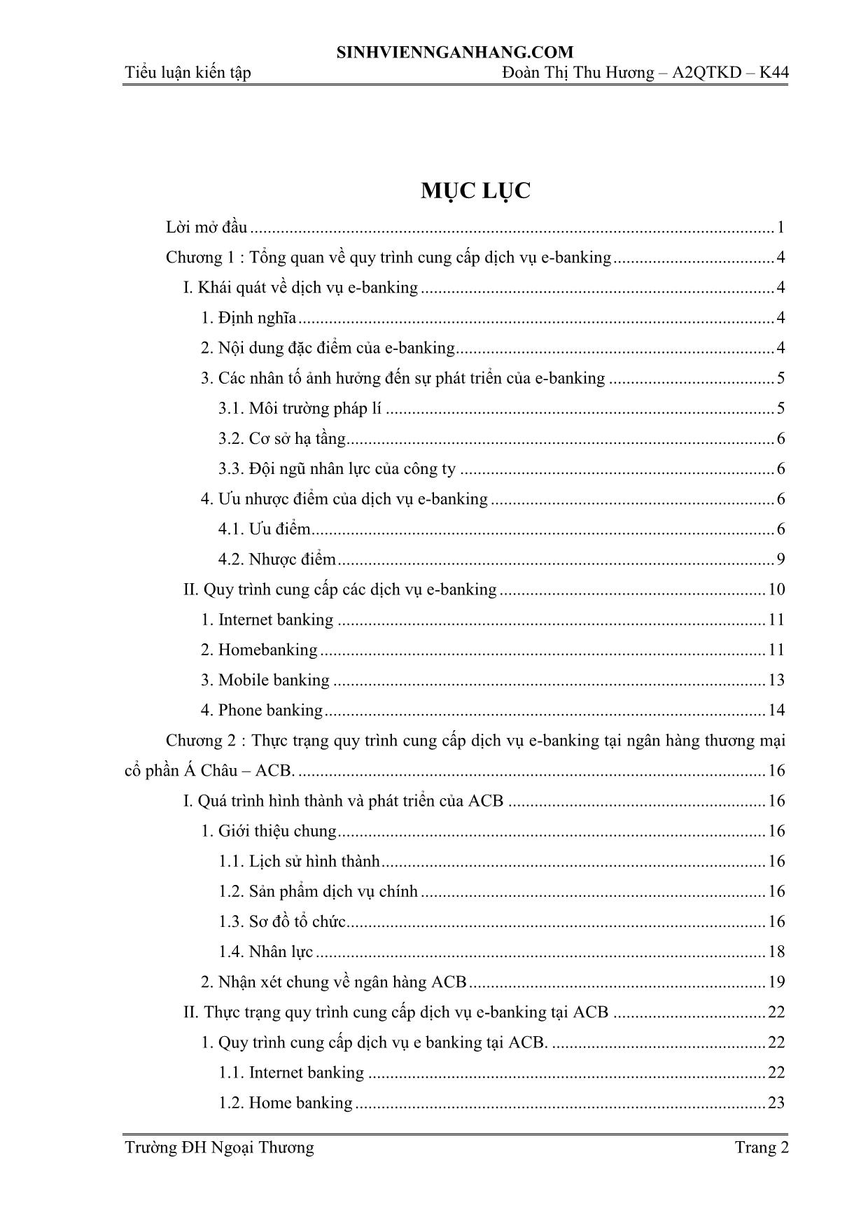 Tiểu luận Thực trạng quy trình cung cấp dịch vụ E-Banking tại ngân hàng thương mại cổ phần Á Châu ACB và giải pháp trang 2