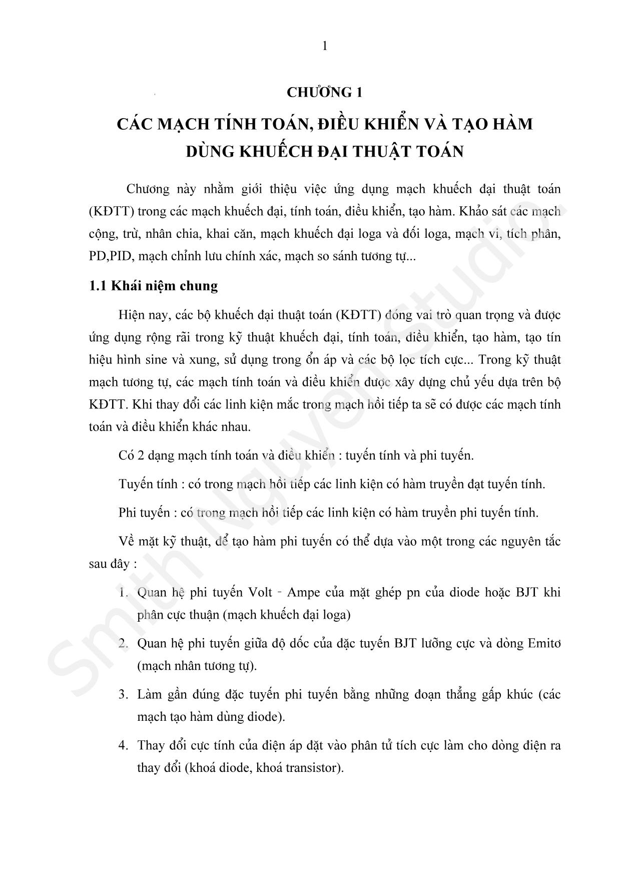 Bài giảng Các mạch tính toán, điều khiển và tạo hàm dùng khuếch đại thuật toán trang 1